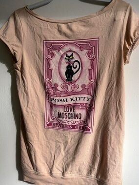 Love Moschino Women's Pink and Tan Cat Graphic Tee Size 4